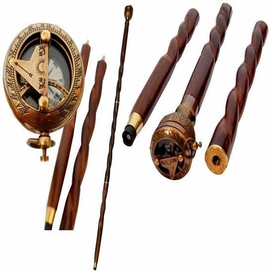 Best Quality Brass Compass Push Button Sundial Handle Handmade Walking Stick Canes Victorian Wands Walking.