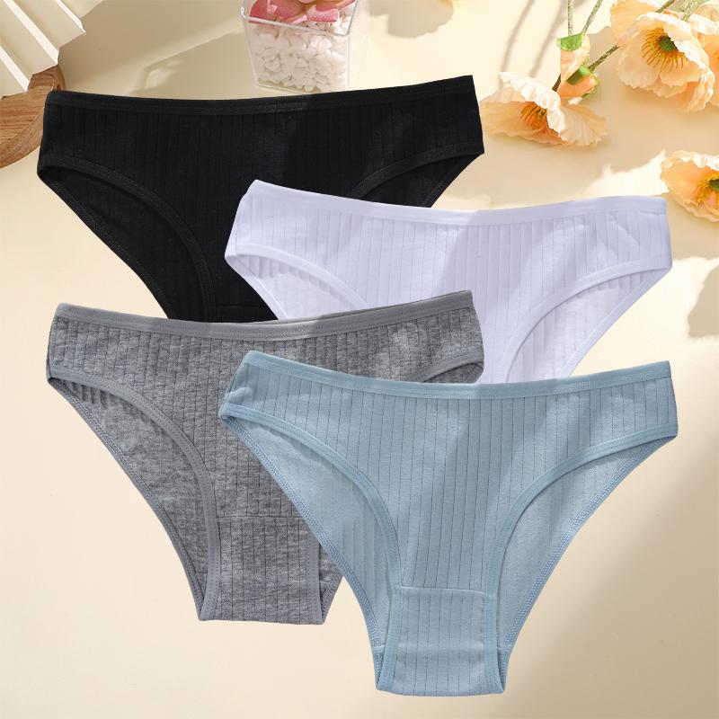 4PCS/SET Women's Cotton Panties Sexy Soft Striped Underpants Solid Color Briefs Female Comfortable Stretch Lingerie M-XL