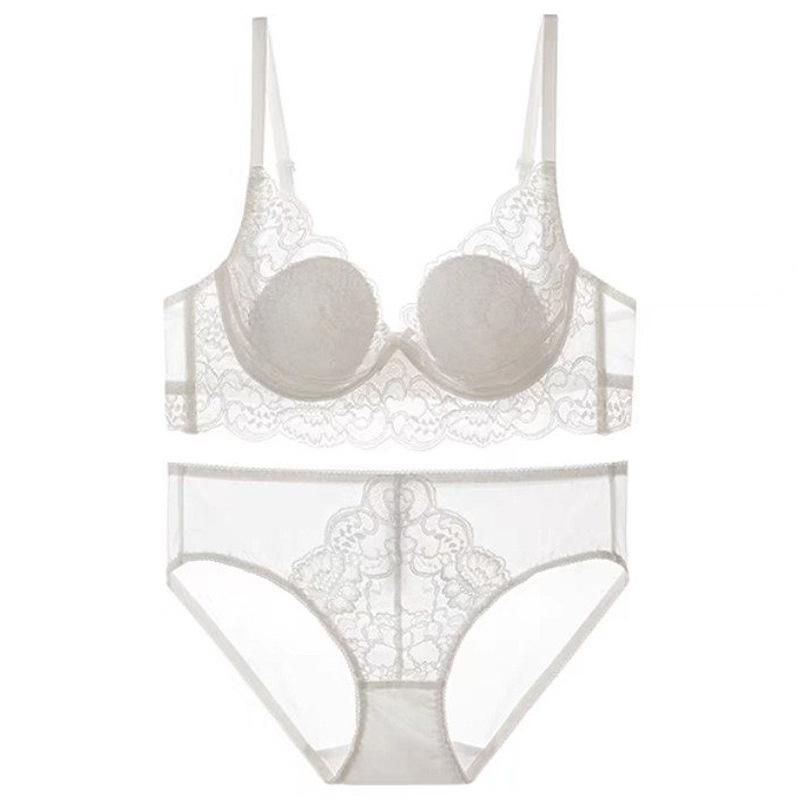 French Coquette Bunny Ear Lace Lingerie Set, Sexy Thin Minimizer Anti-Sag Bra for Full Bust Summer Women