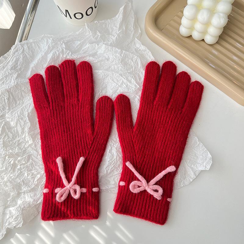 Autumn and Winter New Solid Color Cute Bow Korean Style Sweet Split Finger Touch Screen Student Cold Proof Warm Gloves