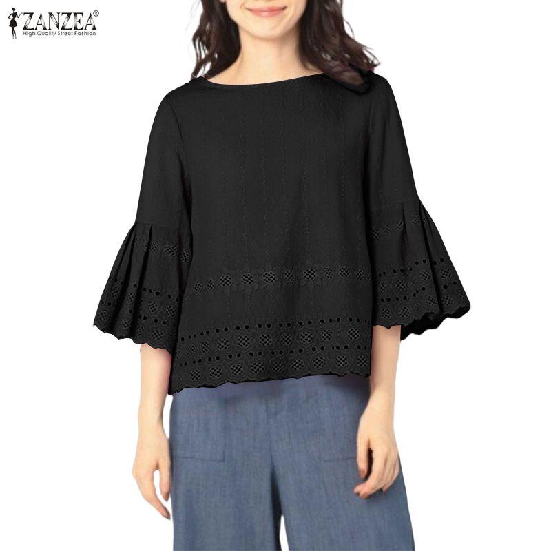 ZANZEA Women Casual Round Neck 3/4 Sleeve Loose Embroidery Patchwork Blouse