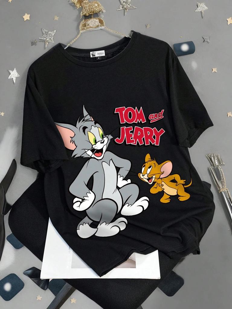 2026 Summer Comic Form Tom and Jerry Image 100 Cotton Printed Oversize Casual Tshirt Adult Children Parentchild Top Homewear