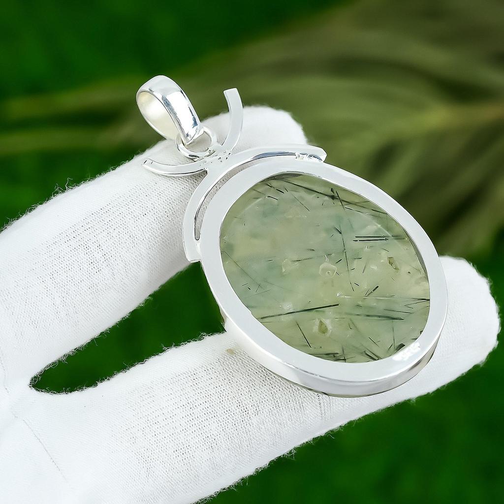 925 Silver Oval Moss Prehnite Stone Anniversary Bezel Wife Boho Pendant Jewelry