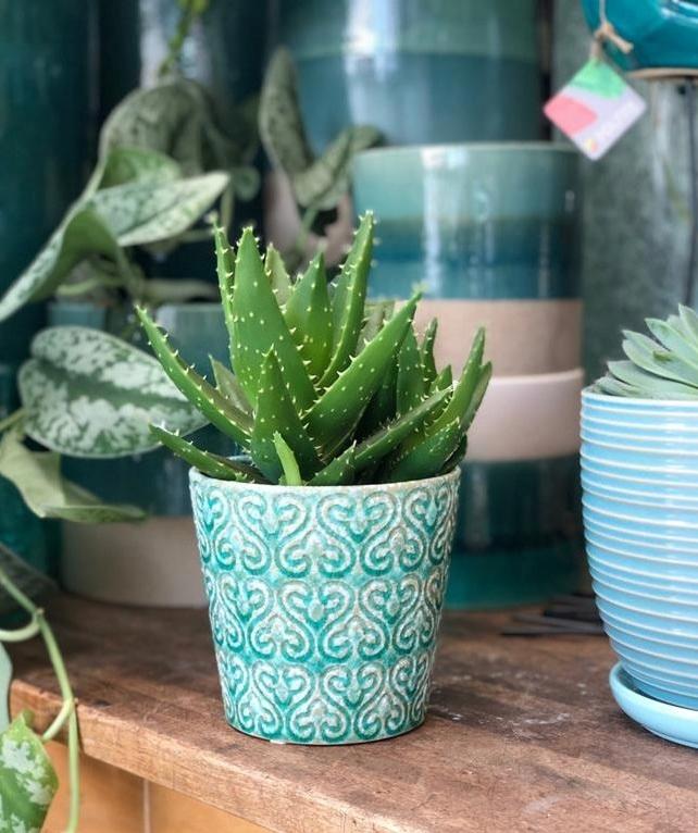 Ceramic flower pot, green, decorative, 14 x 13 cm