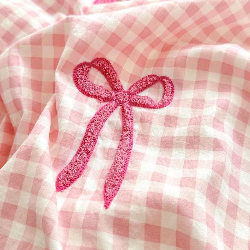 Classic Plaid Duvet Cover, Soft Lace Bedding Set, Bow Design Skin-friendly Quilt Cover, 2 Pillowcases with Different Patterns