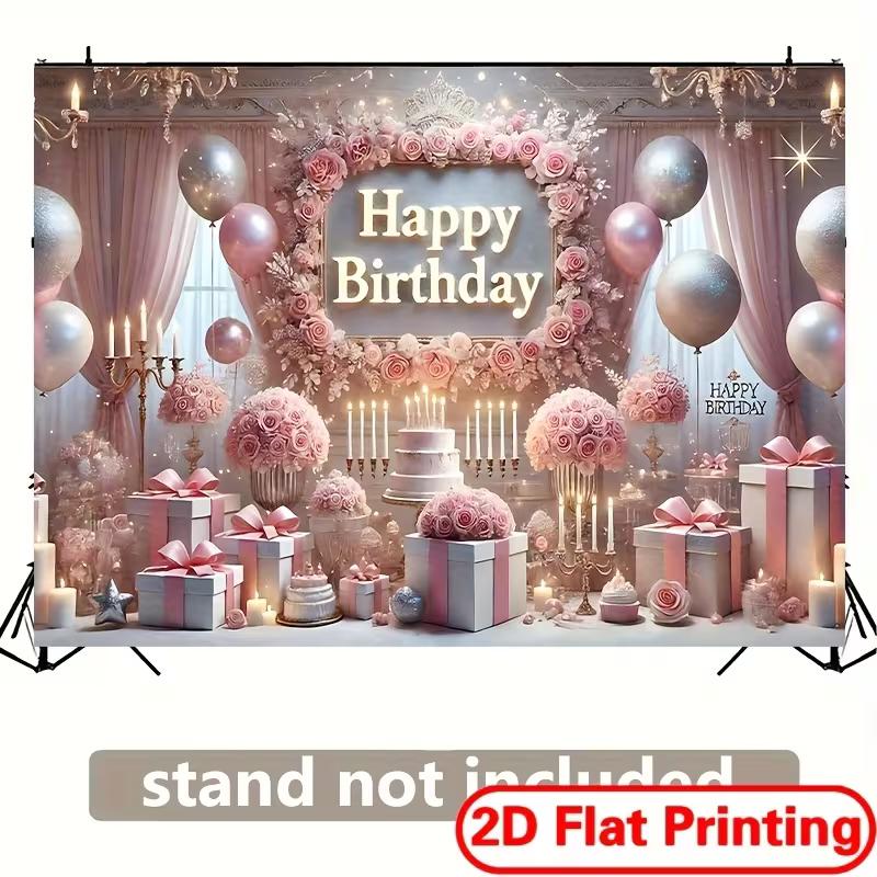 Toile de fond photo Joyeux Anniversaire 2D, Bannière de Fête Thème Rideau Rose et Ballons