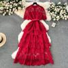 Summer Hollow Out Ruffles Lace With Belt Patchwork Dress High Waist Vestidos Sweet Style Women's Dresses Autumn Spring