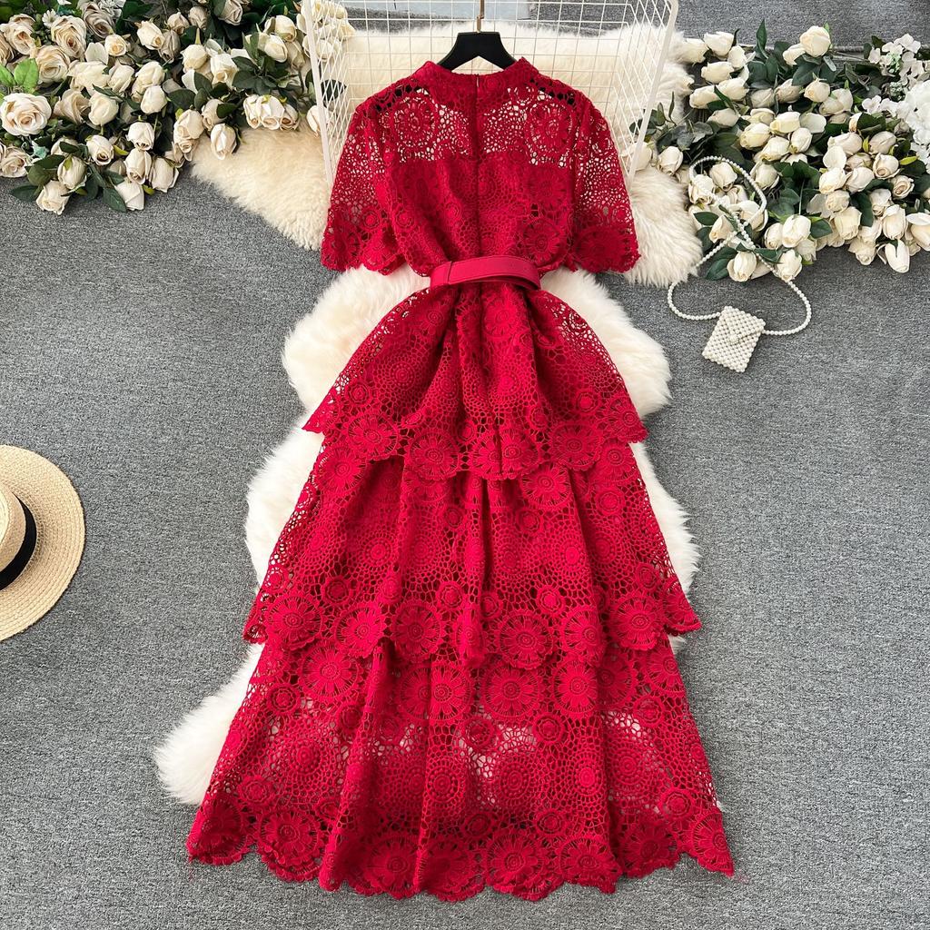Summer Hollow Out Ruffles Lace With Belt Patchwork Dress High Waist Vestidos Sweet Style Women's Dresses Autumn Spring