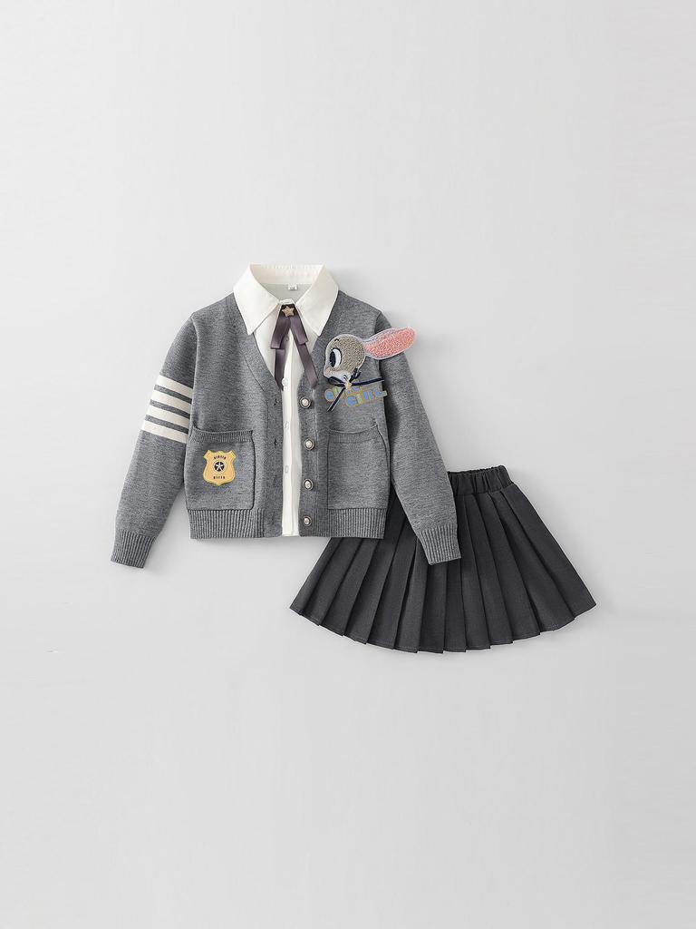 Girls' Autumn Rabbit Police Officer JK Uniform Set - Includes Woolen Pleated Skirt