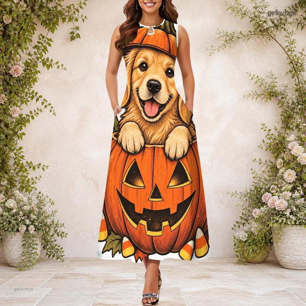 Women Plus Size Sleeveless Keyhole Neck A Line Long Dress Halloween Raccoon Pumpkin Print