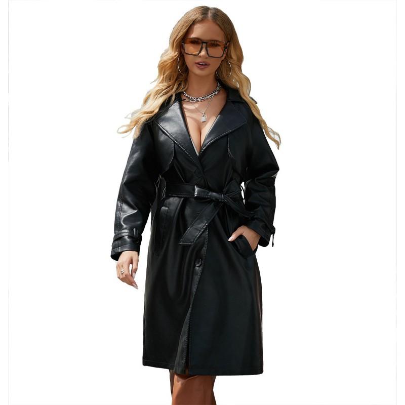 Trench Lungo Oversize da Donna Giacca in Ecopelle PU con Cintura Collo a Tacca Classico Vestibilità Larga Capospalla