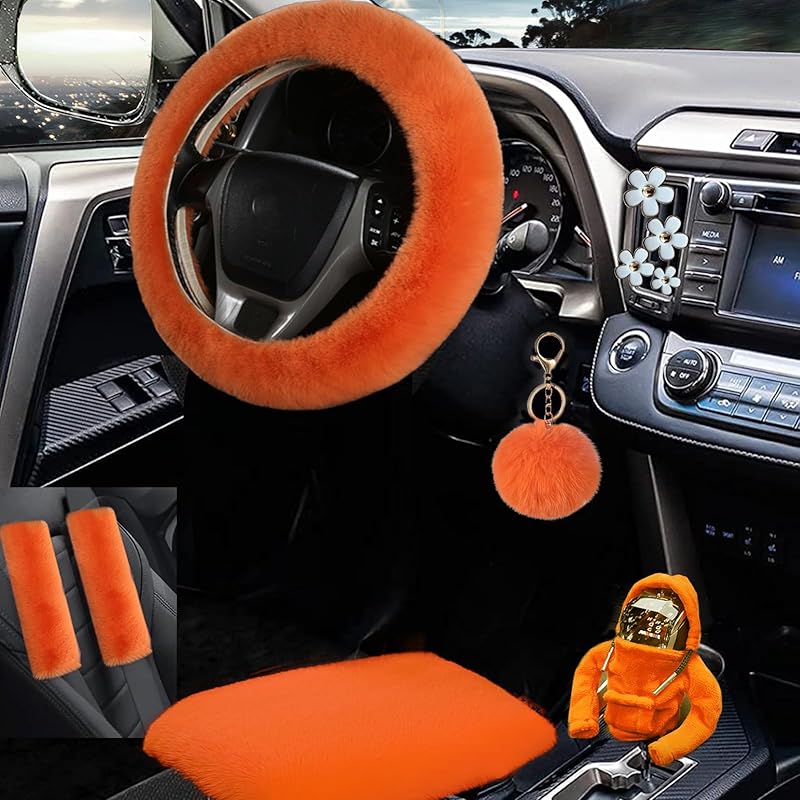 10 Pieces Fluffy Steering Wheel Covers Set,YSLSLOO Furry Steering Wheel Cover for Women Fashion Steering Wheel Cover Soft Steering Wheel Protector