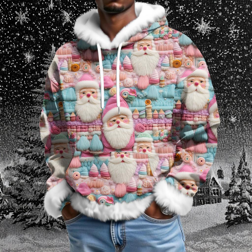 Men's Christmas Printed Lined Hoodie | Faux Trim Party Sweatshirt With Pocket | Plus Size Loose Fit Holiday Pullover