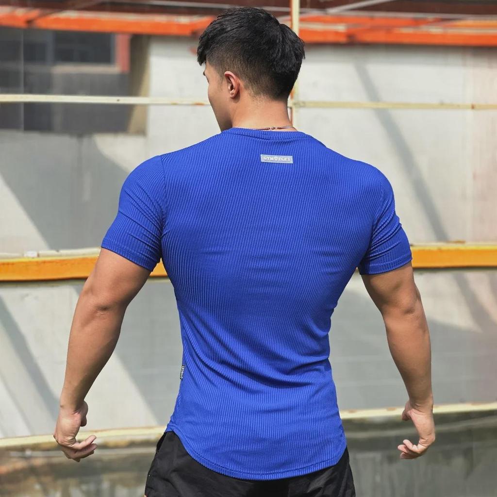 Men's Autumn Fitness Half Tight Short-Sleeve Striped Sports T-Shirt for Basketball & Running