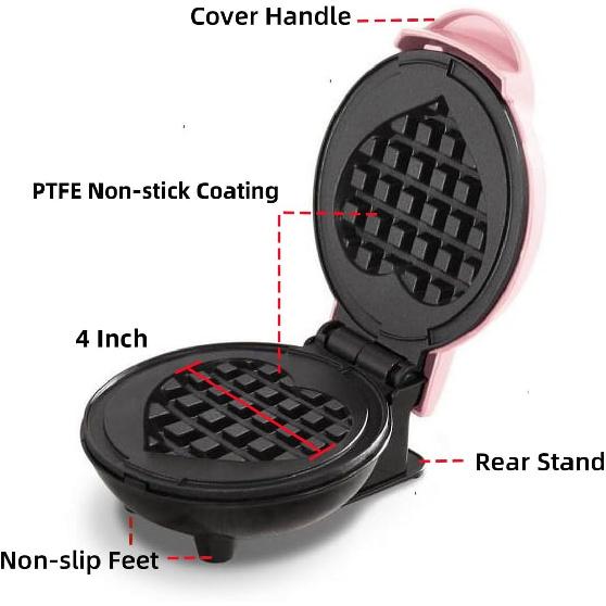 Mini Waffle Maker 4 Inch Plate Waffle Iron for Hash Browns, Keto Chaffles, Snacks, Sandwich, Compact Design, Non-Stick Surface, Easy to Clean, Heart,