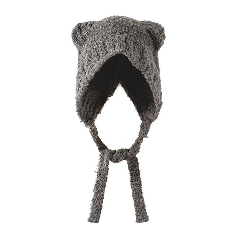 Bear Ears Wool Knitted Hat, Ear Protection To Keep Warm, Big Head Circumference Strap, Cute Face, Little Female Bag Head Knitted Hat