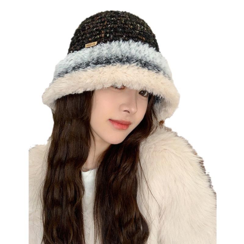Autumn and winter knitted color matching basin hat, femininity, simple and elegant, high-end bucket hat, warm and cold-proof, small wool hat