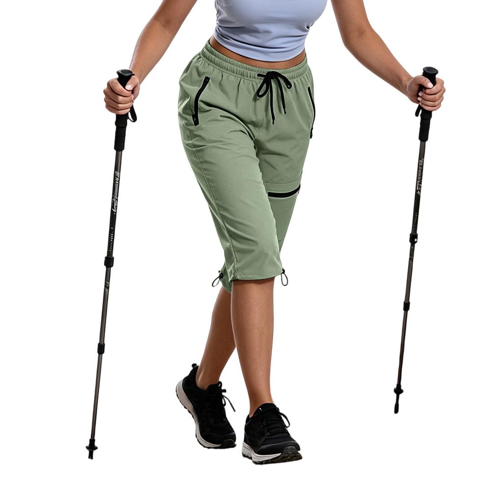 Women Outdoor Hiking Pants Quick Dry Lightweight Capris with Adjustable Waist and Zipper Pockets for Running Fitness Sports