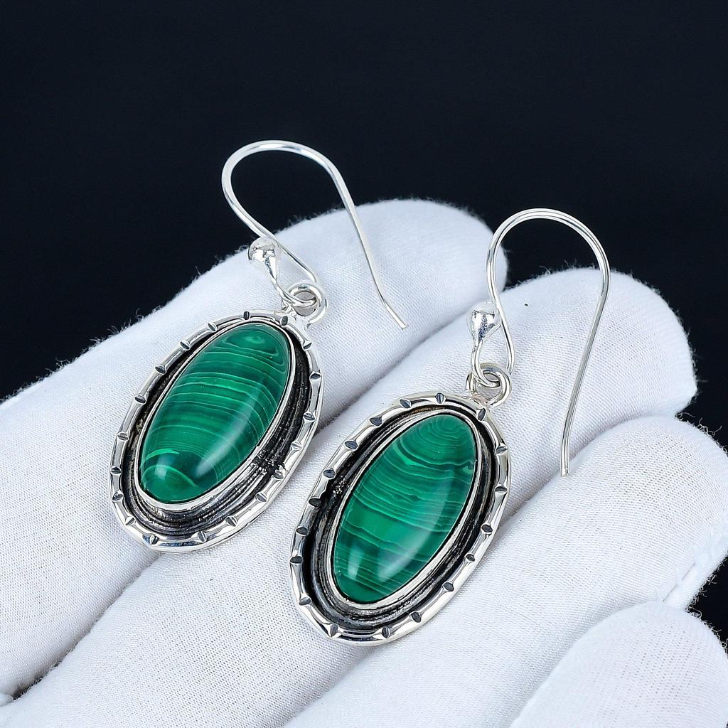Natürliche Malachit Edelstein Ohrringe, 925 Sterling Silber Ohrringe, Handgefertigte Silberohrringe Als Geschenk, Malachit Hängeohrringe Damen Geschenk