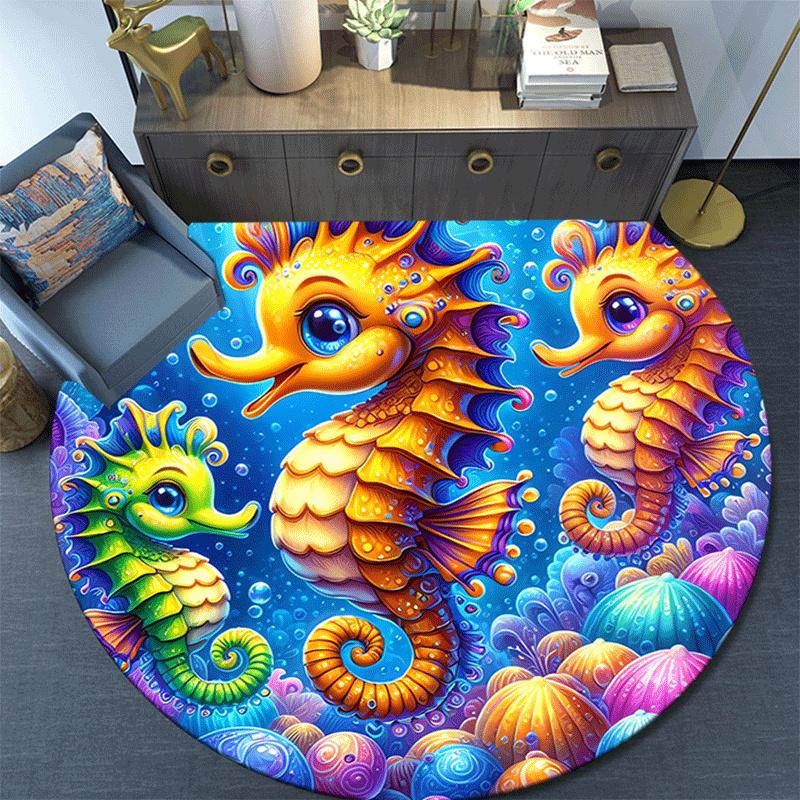 1pc Soft, Absorbent & Non Slip Cute seahorse Round Rug Soft Circle Rug for Living Room & Bedroom Decor, Chair Mats, and Unforgettable Home G