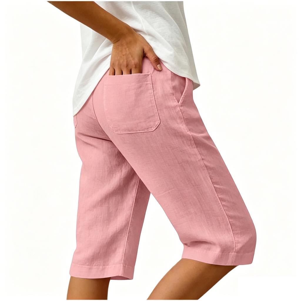 Women's Summer Fashion Elastic Waist Cotton Linen Five Quarter Pants Casual Loose Pocket Shorts