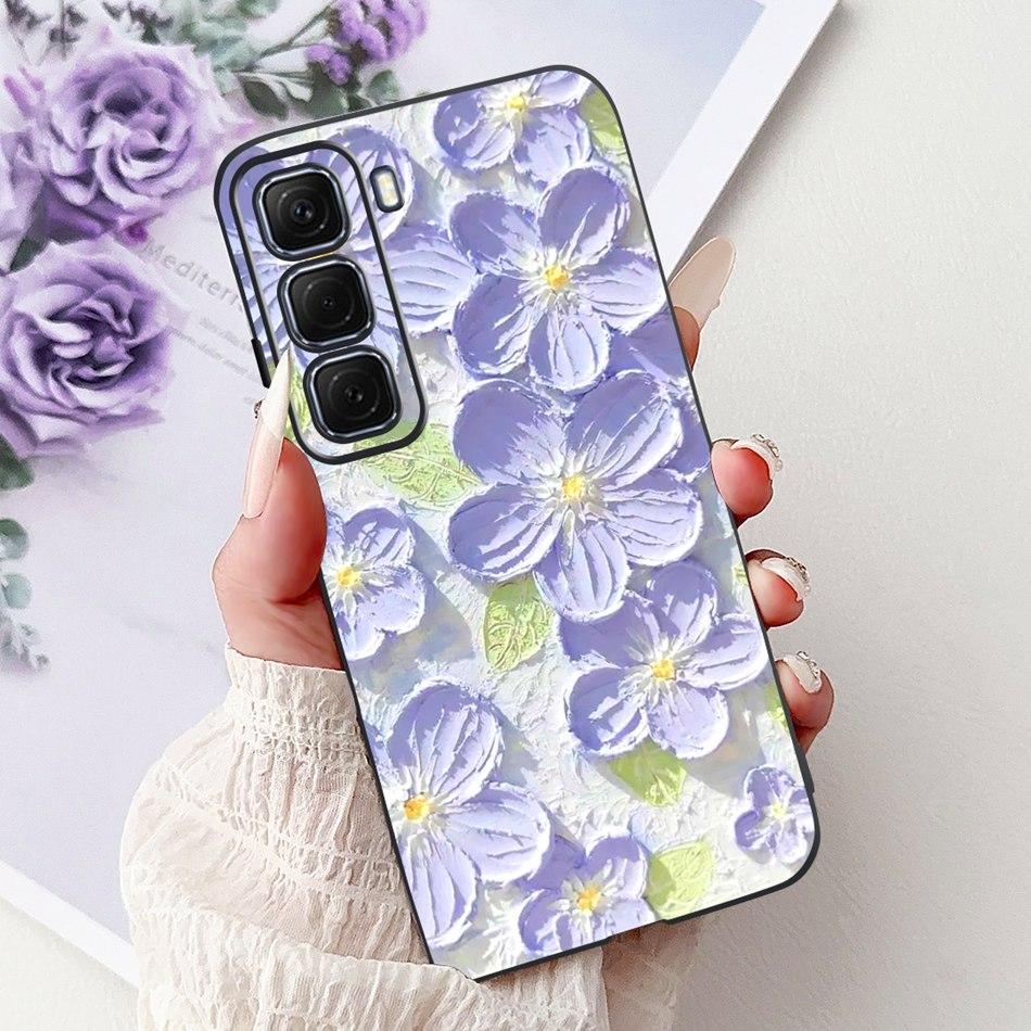 For Infinix Hot 50 4G Phone Case Hot 50 Pro+ 4G Hot50 Pro Elegant Floral Cat Pattern Black Silicone Soft TPU Cases
