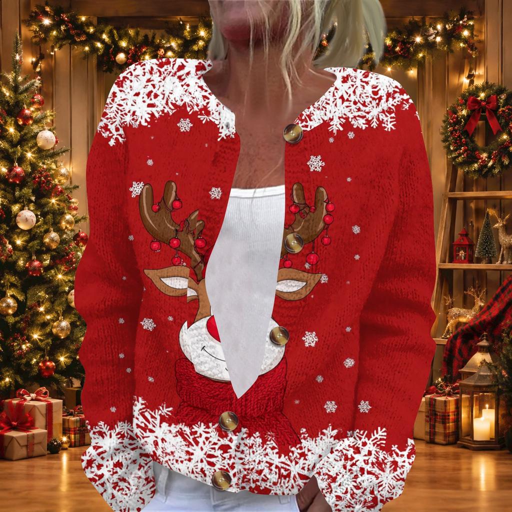 Damen Weihnachtsdruck Langarm Strick Cardigan Knopfleiste Pullover Mantel für Feiertage