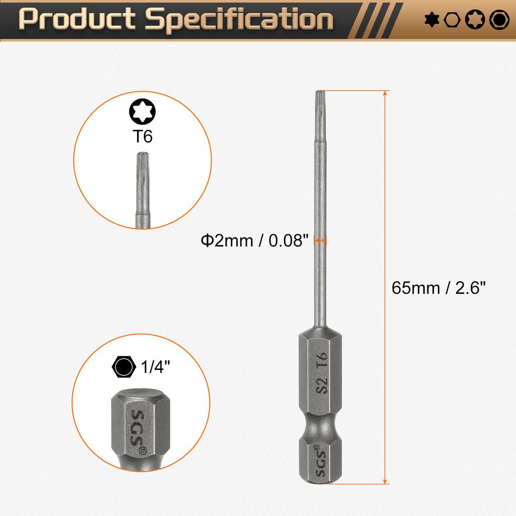 1/3/5pcs T5-T50 Torx Head Screwdriver Bit 1/4" Hex Shank Magnetic No Hole Tamper Proof 6 Point Star S2 Screw Driver Drill Bits