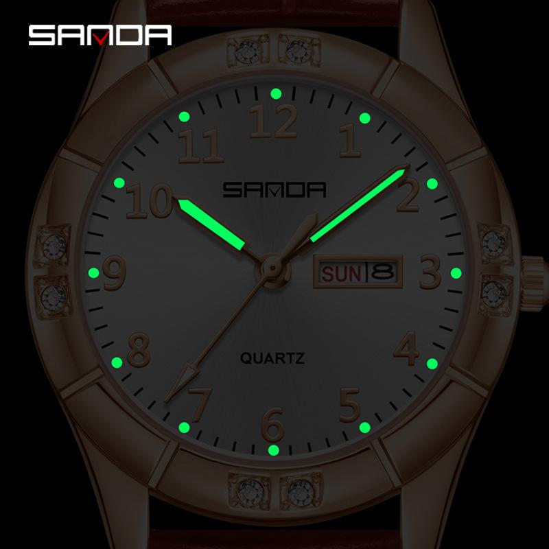SANDA Womens Watch Original Elegant Simple Quartz Wristwatch Waterproof Luminous Leather Strap Ladies Watches Women's Gift