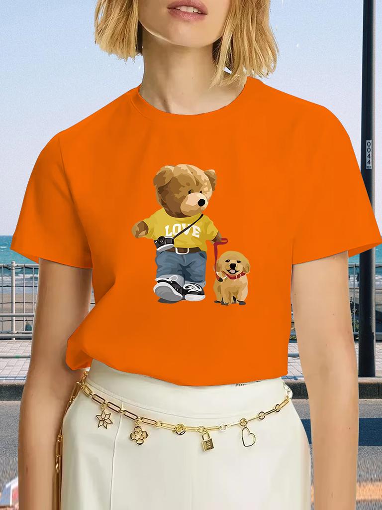 Summer and Spring Women's Short Sleeved Round Neck Casual Top T-shirt with Teddy Bear Pattern Women Clothing Y2K Top Harajuku