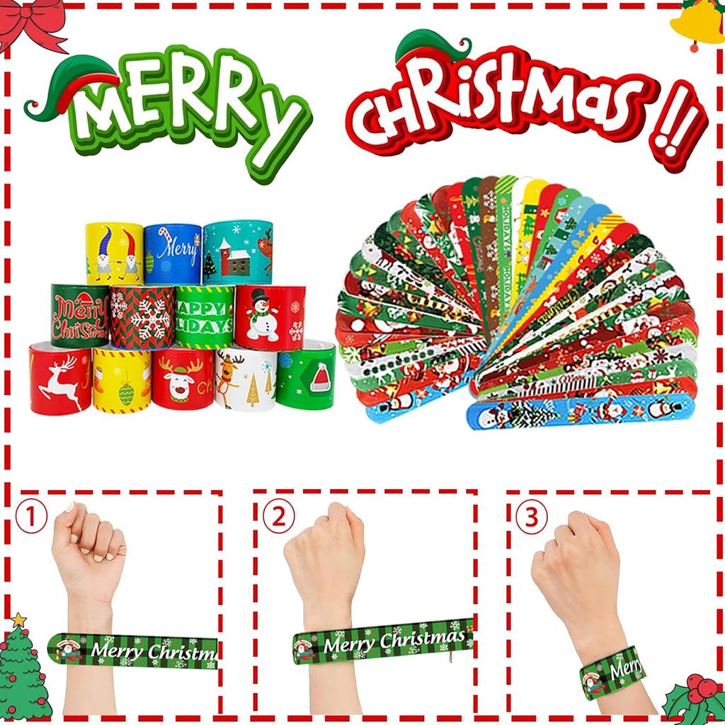 6/48Pcs Christmas Slap Bracelets Fidget Toys Santa Claus Snowman Xmas Snap Wristbands For Kids Classroom Prizes Xmas Gifts