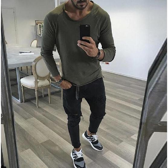 

Мужская молодежная модная личность приталенная с бахромой однотонная мужская футболка с длинным рукавом весенне-осенний топ XXXL армия зеленый