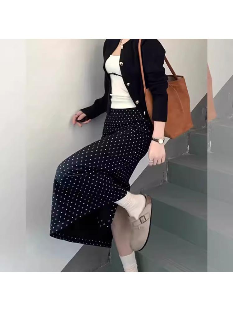 Women's Plus Size Black Polka Dot High-Waisted A-Line Midi Skirt - 2026 Spring Slimming Bodycon Skirt
