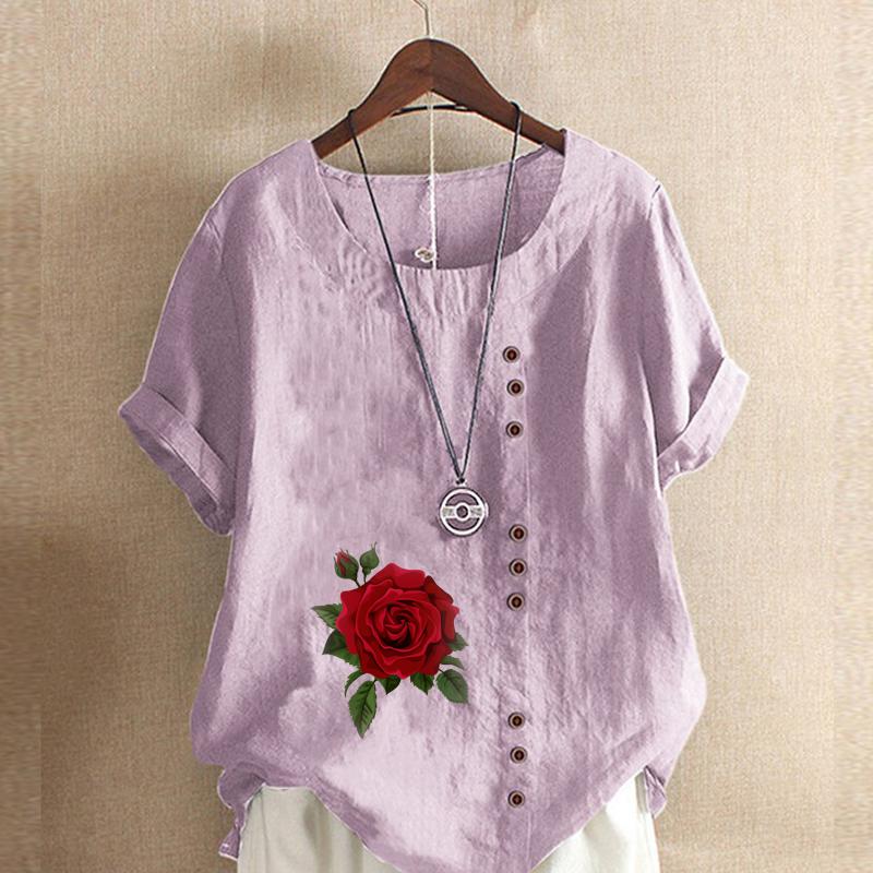 Damenmode Rose Print Rundhals Kurzarm T-Shirt Lässiges Baumwoll-Leinen Grafikhemd Freizeit Lose Sommer Bluse Tops