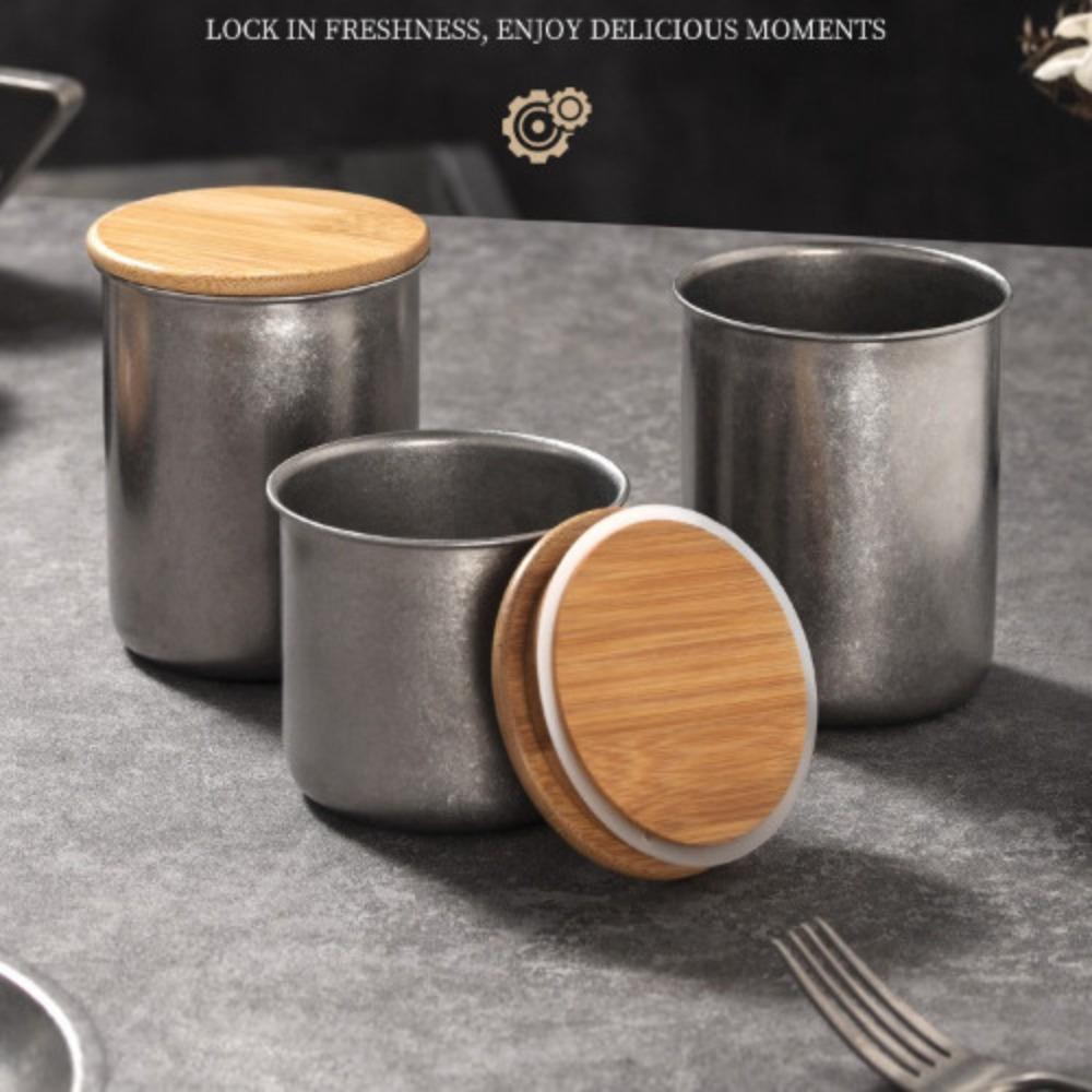 Retro Style Coffee Storage Jar Woodiness Lid Seal Making Coffee Bean Storage 304 Stainless Steel Round Shape Tea Can Kitchen Use
