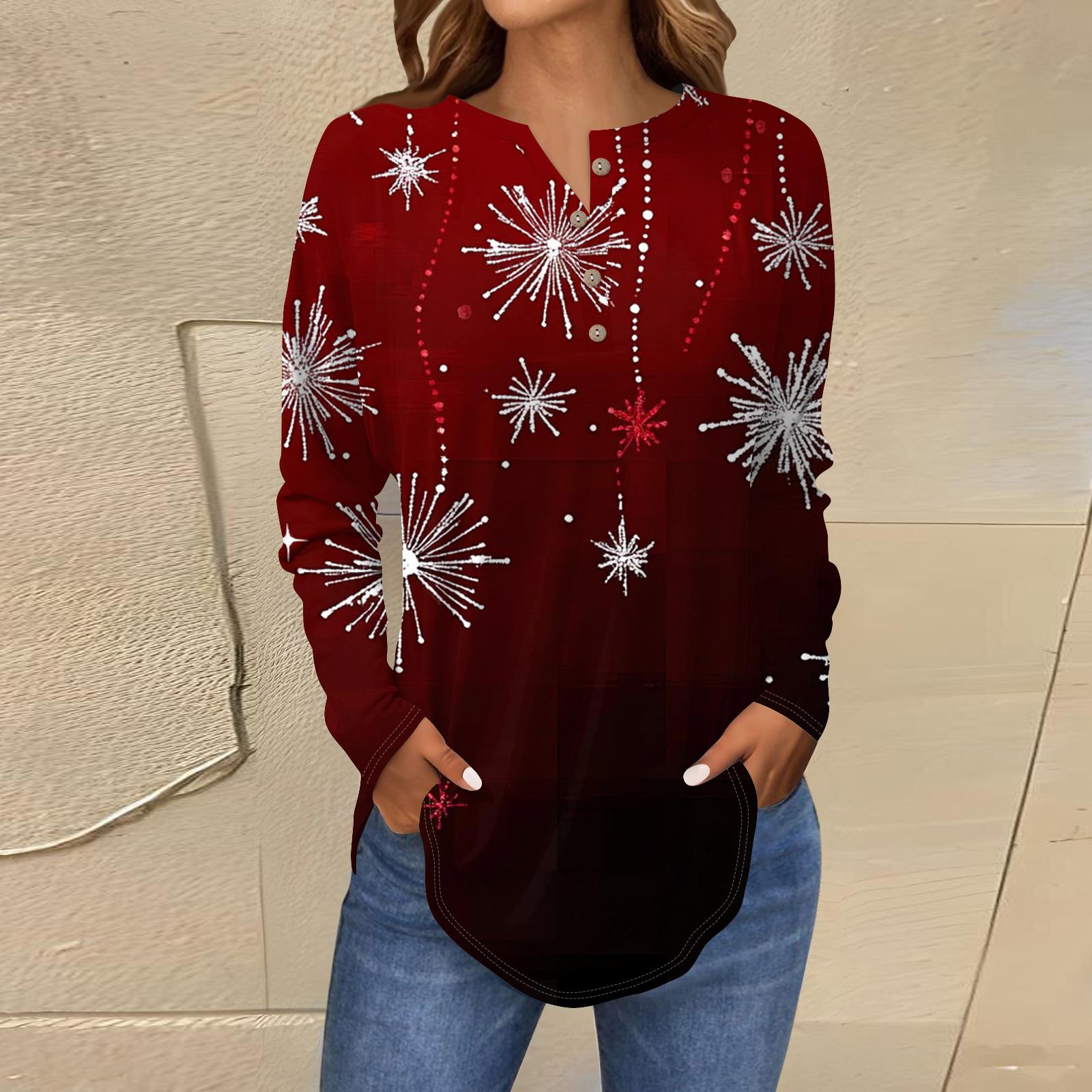 

Women s Fashionable Loose-Fit Button-Down Collar Christmas Print Long-Sleeved Top XL винный