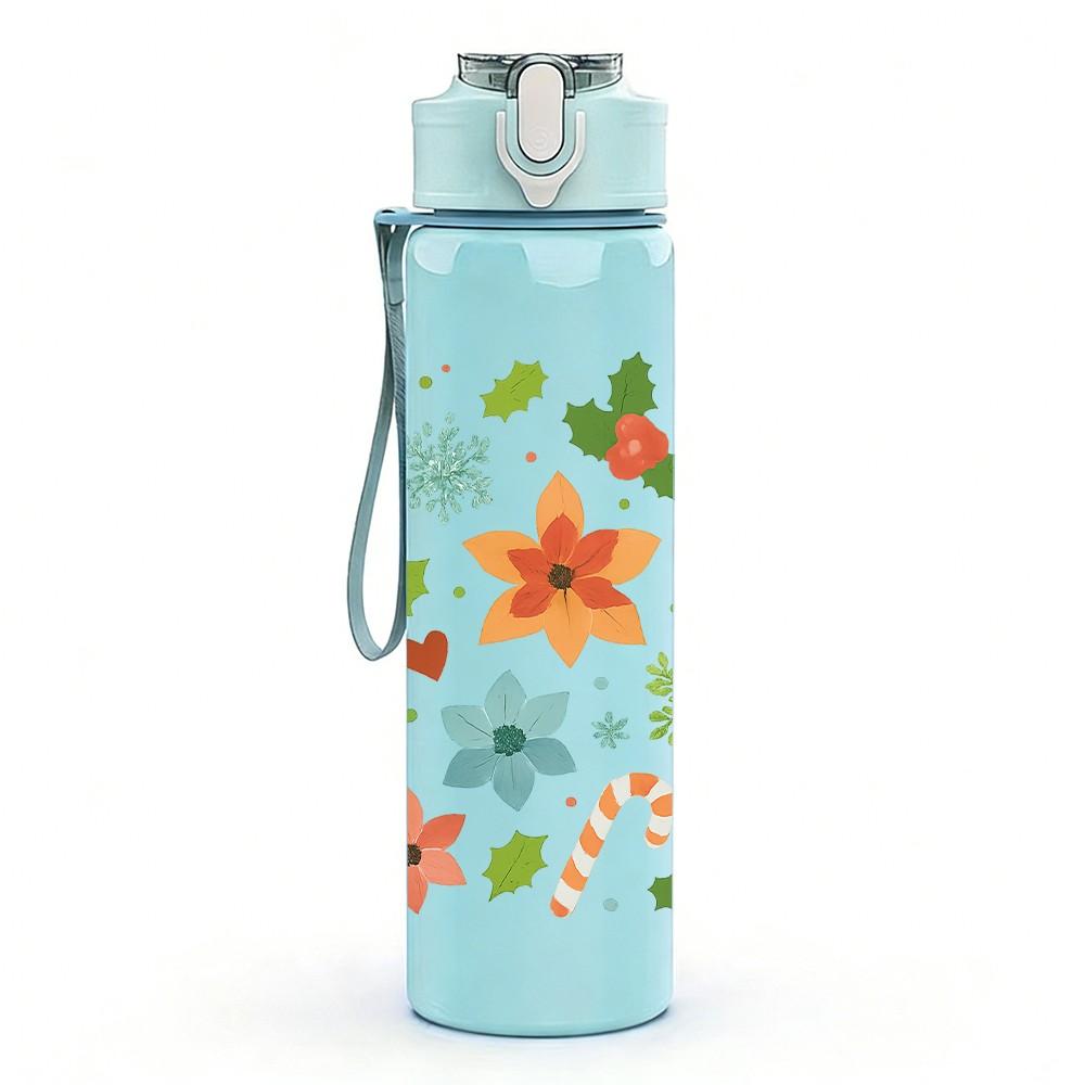 1PC Multicolor Floral Heart Print 750ml Color Plastic Sports Water Bottle Leakproof Flip Straw Lid Suitable for Sports Office Home Use