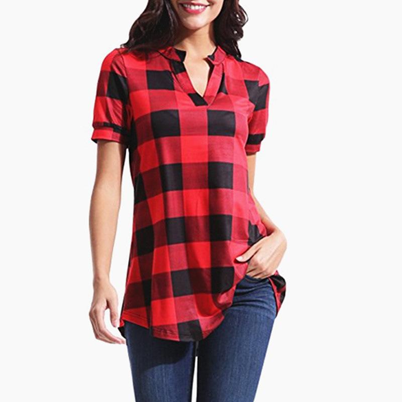2023 Trendy Plaid V-Neck Short Sleeve Loose Women's Shirt Blouse