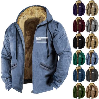 Men's Solid Color Flag Print Jacket Men's Spring And Autumn Casual Trend Zipper Hooded Jacket