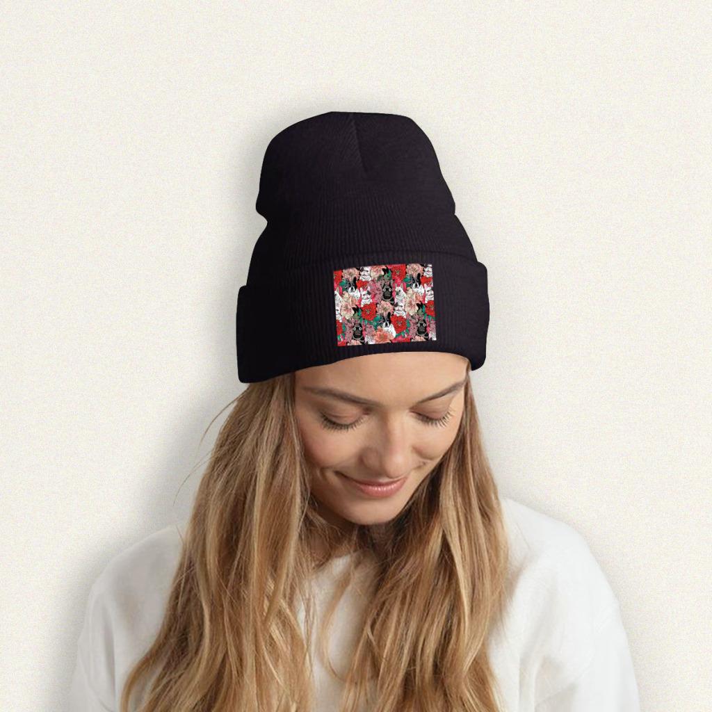 Flowers French Bulldog Knit Hat Beanie Winter Hats Warm Acrylic  Street  Caps Unisex Women