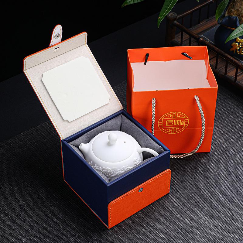 Suet jade tea set White porcelain Fengming pot tea set Business activities Tea with hand gift box Office household
