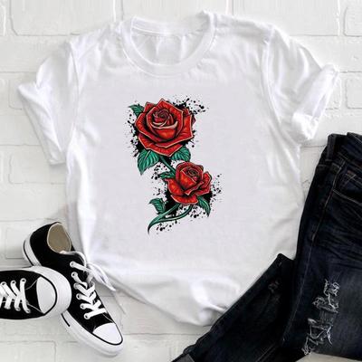 (Asian Size) Tee Top Cartoon Style Flower Floral Cute 90s Clothing Casual Short Sleeve Fashion Tshirt Women Print Lady Female Graphic T-shirt