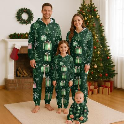 Christmas Print Family Matching Hooded Long Sleeved Zippered Jumpsuit Set