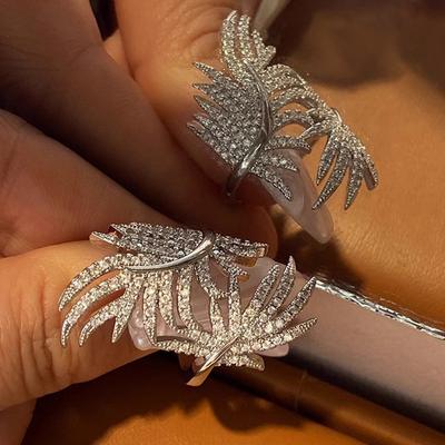 Ästhetischer Fingerring mit Federdesign für Frauen, luxuriöser, vollständiger Zirkonia, für Hochzeiten, Partys, Statement-Ringe für Frauen, Sterling-Schmuck