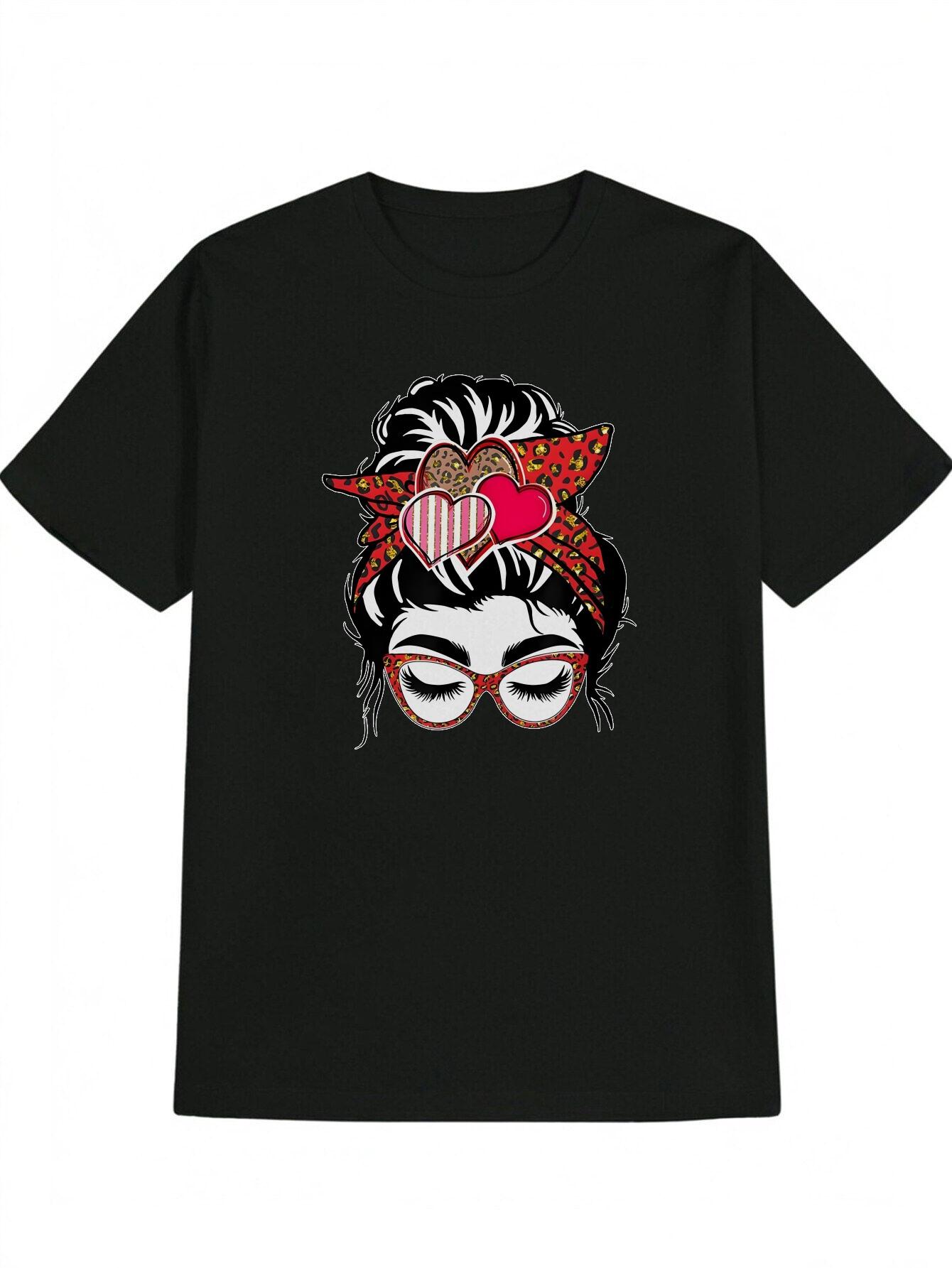 Casual Graphic T-shirt - Black with Red Heart Glasses & Floral Print S