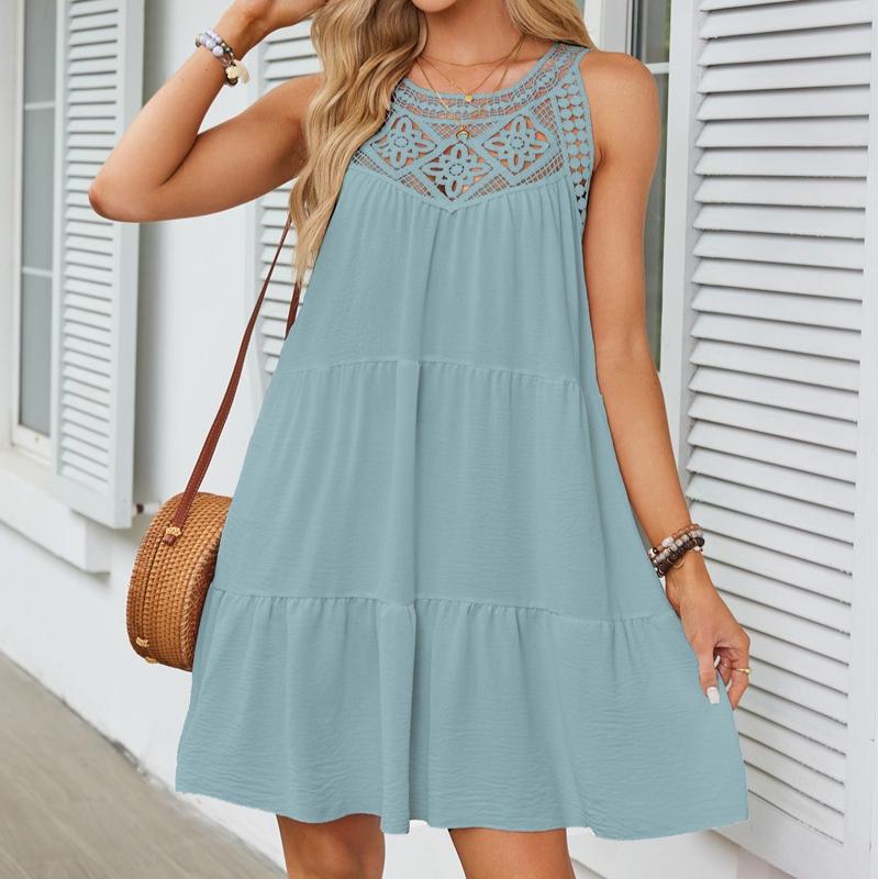 VEZFAA Damenmode Sommer Frühling Einfarbig Druck Ärmellos Hängender Hals Lose Taille Freizeitkleider