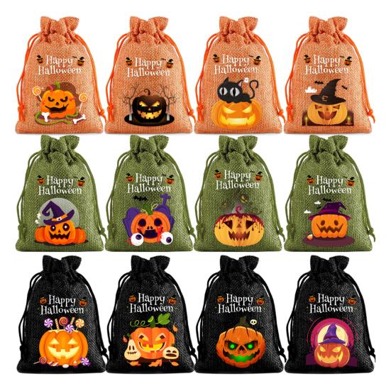 12 Pcs Halloween Treat Bags Burlap Gift Bags Mini Drawstring Candy Bags Pumpkin Pattern Goodie Bags for Halloween Party Favors