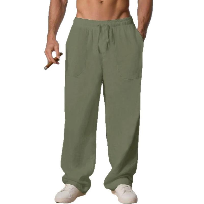 Pantalones Rectos Anchos Sueltos con Cordón para Hombre de Lino Cuatro Estaciones Pantalones Casuales para Hombre Hip-hop