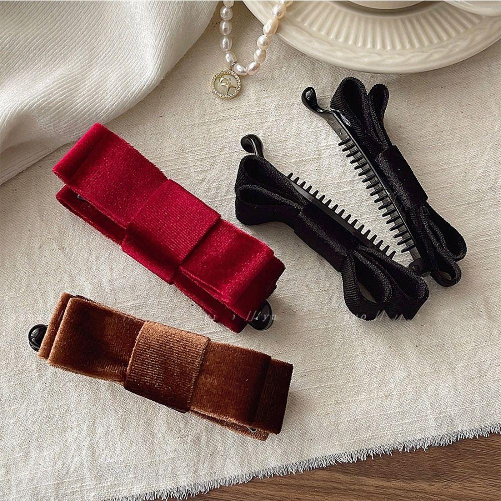 Cloth Red Velvet Bow Hair Clip Hair Clips Bow Vertical Clip Headdress Bowknot Banana Clip  Girls