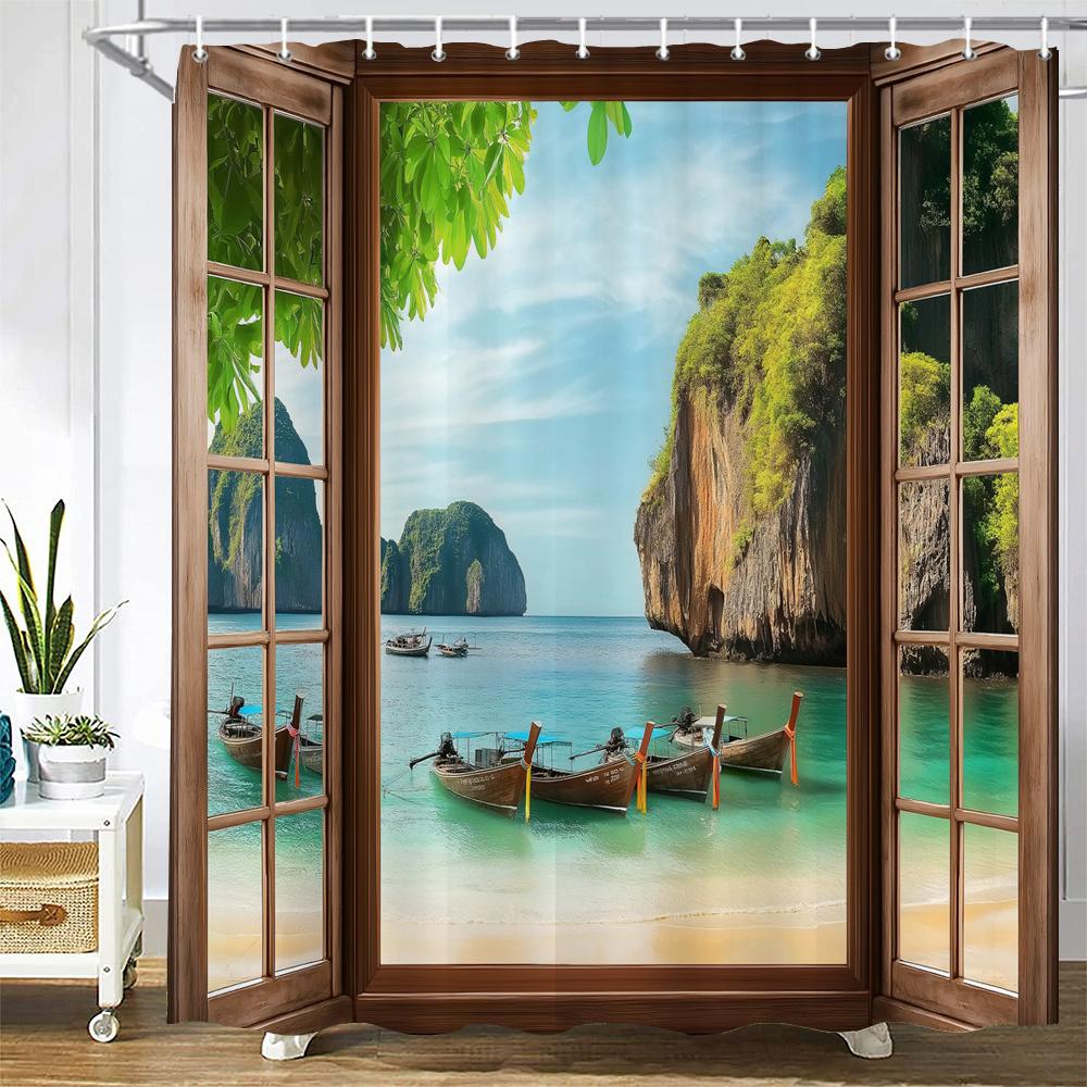 1 Piece Natural Forest Scenery Outside The Window Shower Curtain, Bathroom Decorative Shower Curtain,Home Curtain With Hooks